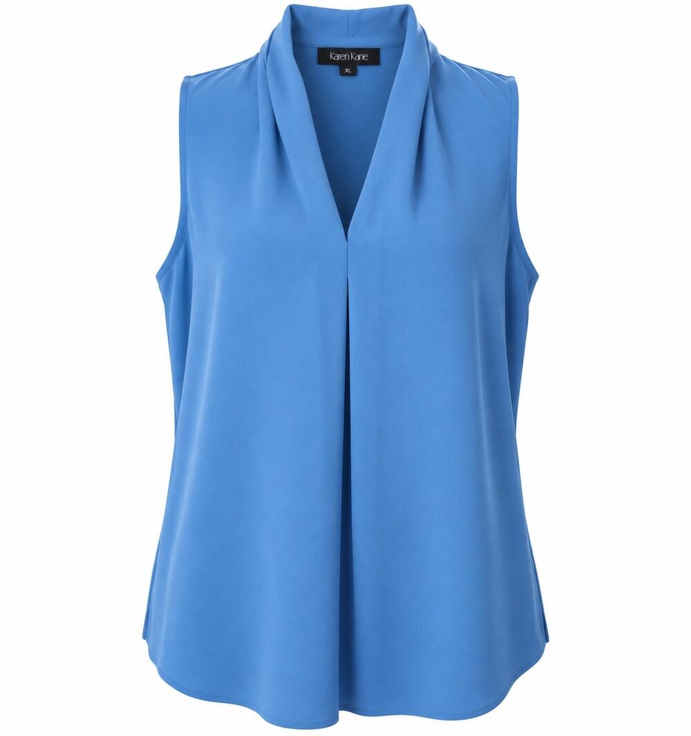 Karen Kane Womens XL Blue Sleeveless Blouse Draped V Neck Tunic Top Career
